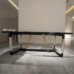 Glass & Marble Top Dining Table with Black Frame & Gold Stainless Steel Accents